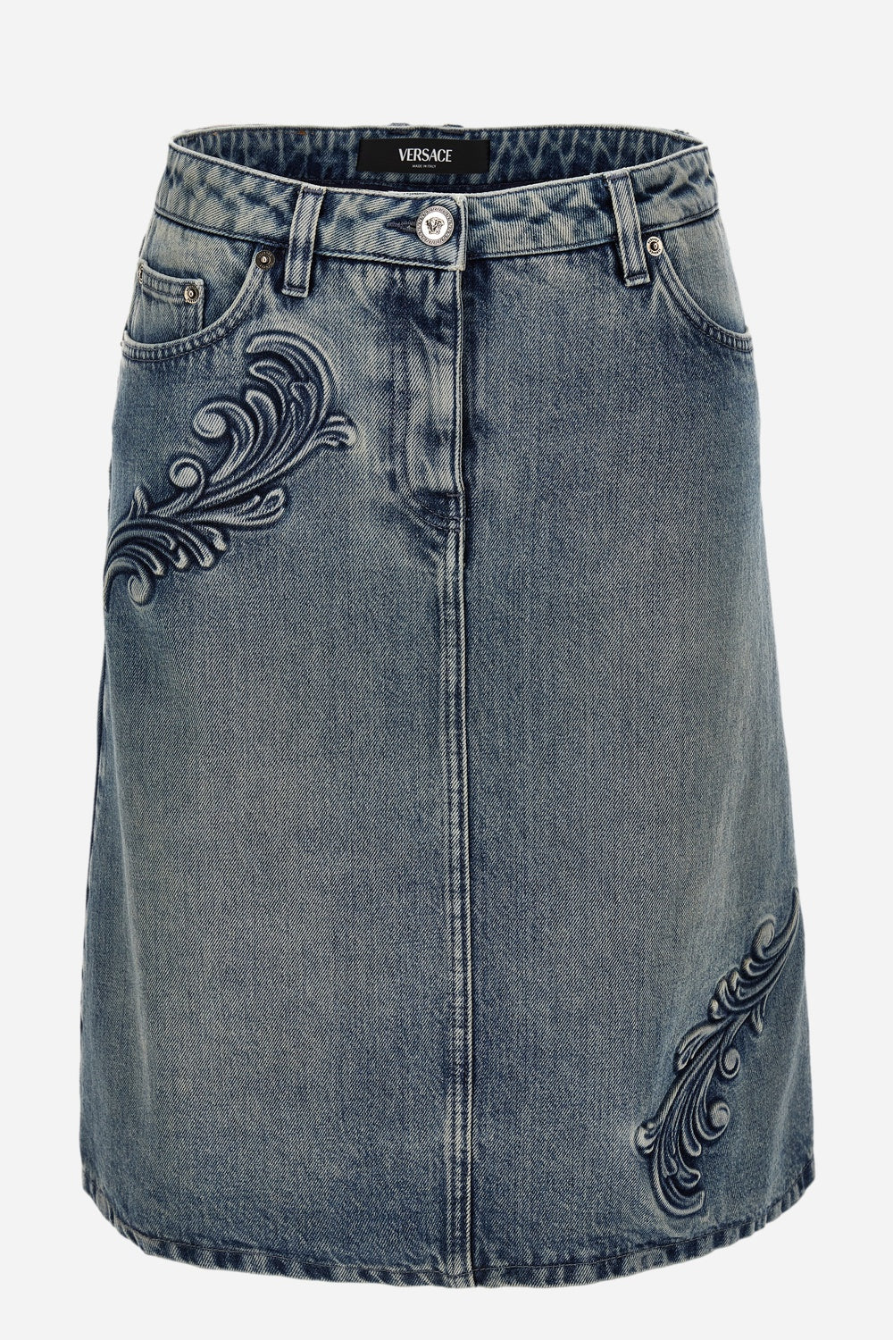 Skirt Denim In Denim Washed Medium Blue With Embossed Barocco