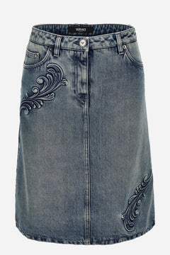 Skirt Denim In Denim Washed Medium Blue With Embossed Barocco