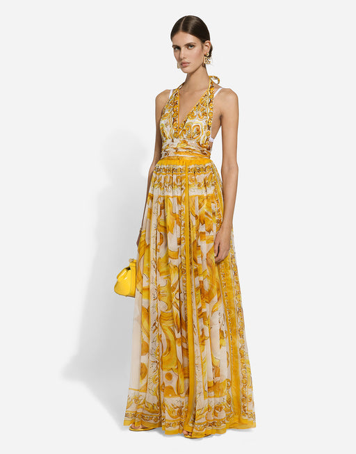 SLEEVELESS LONG DRESS IN MAIOLICA PRINT CHIFFON