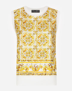 SLEEVELESS SILK SWEATER WITH MAJOLICA-PRINT SILK TWILL PANEL ON THE FRONT
