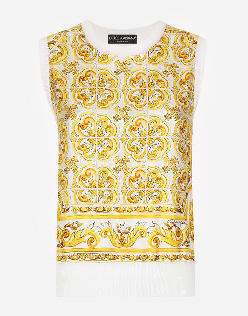 SLEEVELESS SILK SWEATER WITH MAJOLICA-PRINT SILK TWILL PANEL ON THE FRONT