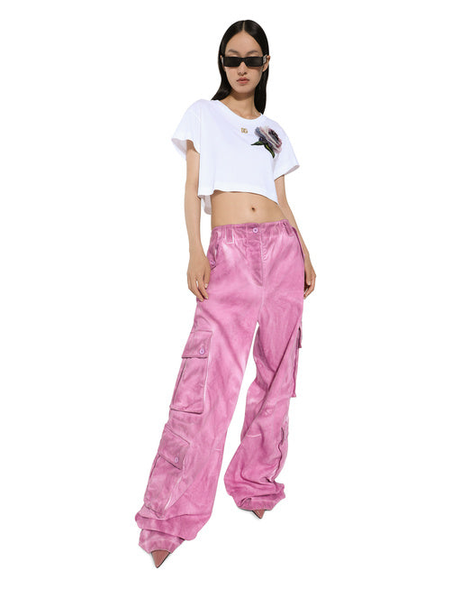 CROPPED JERSEY T-SHIRT WITH FLOWER APPLIQUÉ