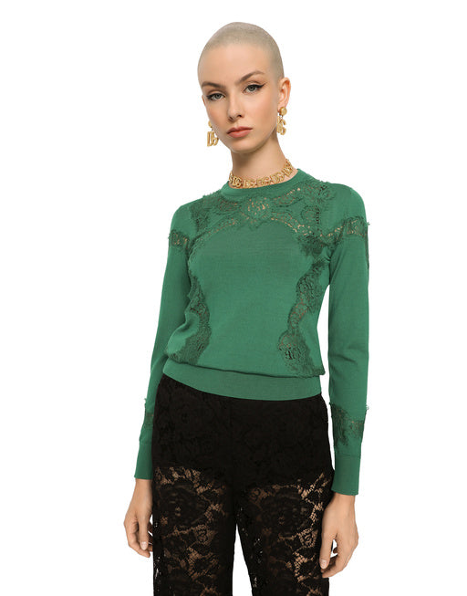 CASHMERE AND SILK SWEATER WITH LACE INLAY
