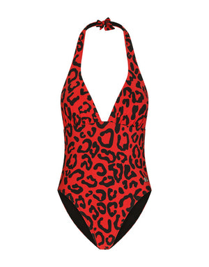LEOPARD-PRINT ONE-PIECE SWIMSUIT WITH PLUNGING NECKLINE