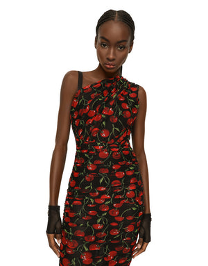 ONE-SHOULDER TULLE MIDI DRESS WITH CHERRY PRINT AND DRAPING