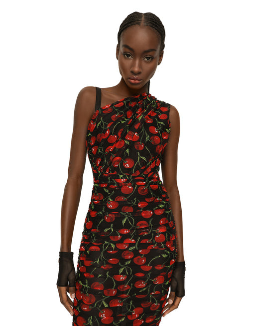 ONE-SHOULDER TULLE MIDI DRESS WITH CHERRY PRINT AND DRAPING