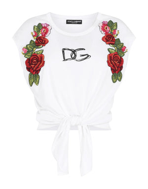 JERSEY T-SHIRT WITH TIE HEM AND RAFFIA EMBROIDERY