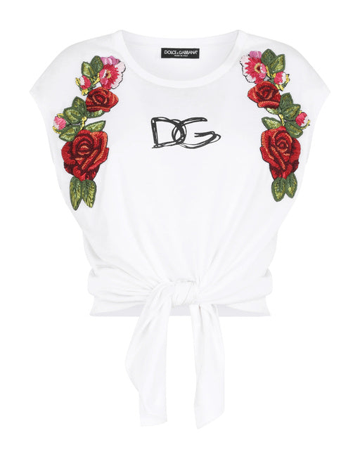 JERSEY T-SHIRT WITH TIE HEM AND RAFFIA EMBROIDERY