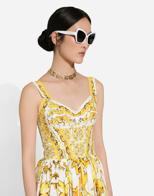 LONGUETTE BUSTIER DRESS IN MAIOLICA PRINT POPLIN