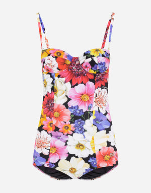 GARDEN-PRINT ONE-PIECE BALCONETTE SWIMSUIT