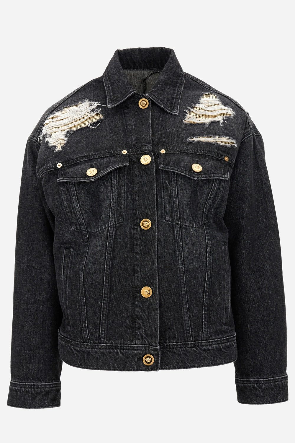 Blouson Denim In Washed Black Used Effect With Metal Mesh Insert