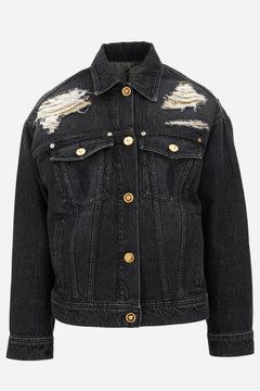 Blouson Denim In Washed Black Used Effect With Metal Mesh Insert