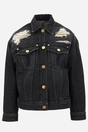 Blouson Denim In Washed Black Used Effect With Metal Mesh Insert