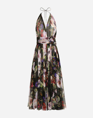 CHIFFON CALF-LENGTH DRESS WITH ROSE GARDEN PRINT
