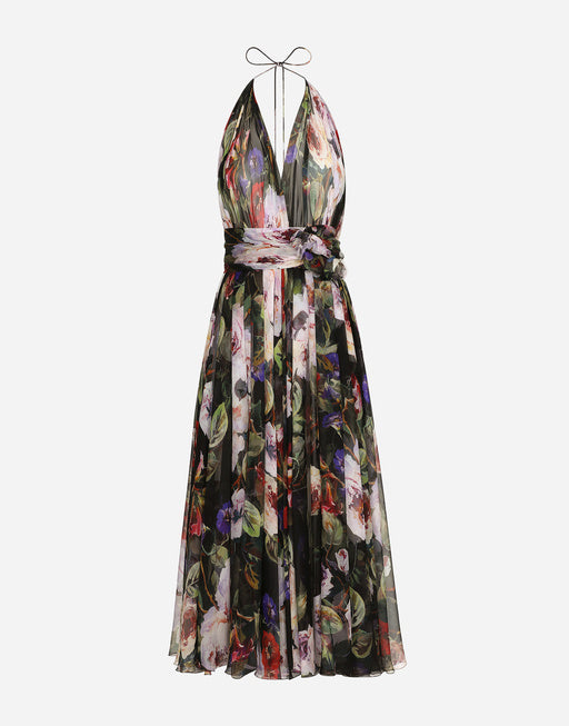 CHIFFON CALF-LENGTH DRESS WITH ROSE GARDEN PRINT