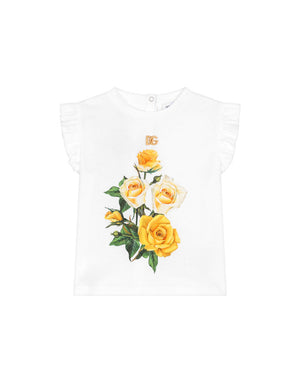 JERSEY T-SHIRT WITH YELLOW ROSE PRINT AND DG LOGO
