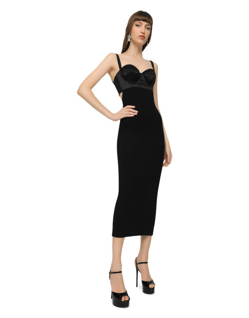 JERSEY AND SATIN CALF-LENGTH DRESS