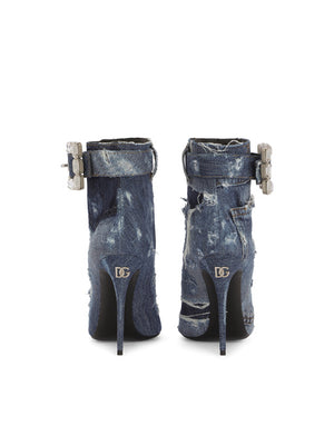 PATCHWORK DENIM ANKLE BOOTS WITH RHINESTONE BUCKLE