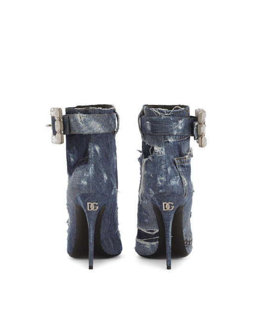 PATCHWORK DENIM ANKLE BOOTS WITH RHINESTONE BUCKLE