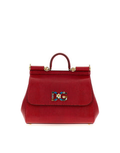 MEDIUM IGUANA PRINT CALFSKIN SICILY BAG WITH CRYSTAL DG LOGO PATCH