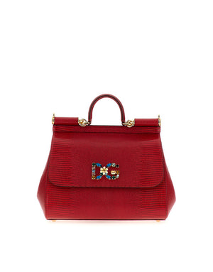 MEDIUM IGUANA PRINT CALFSKIN SICILY BAG WITH CRYSTAL DG LOGO PATCH