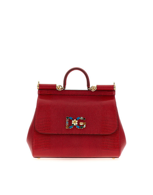 MEDIUM IGUANA PRINT CALFSKIN SICILY BAG WITH CRYSTAL DG LOGO PATCH