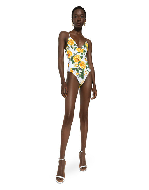 ONE-PIECE SWIMSUIT WITH PLUNGING NECKLINE AND YELLOW ROSE PRINT