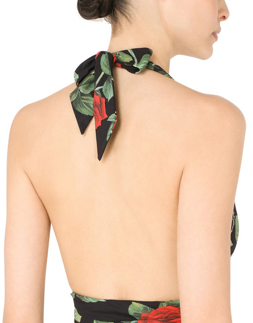 ROSE-PRINT ONE-PIECE SWIMSUIT WITH PLUNGING NECKLINE