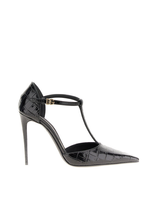 CROCODILE-PRINT CALFSKIN T-BAR PUMPS