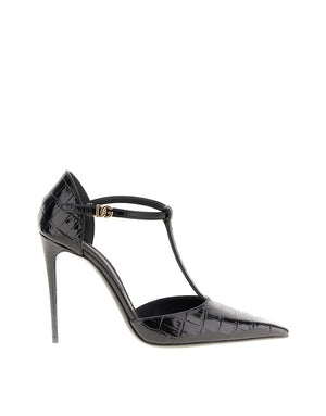 CROCODILE-PRINT CALFSKIN T-BAR PUMPS