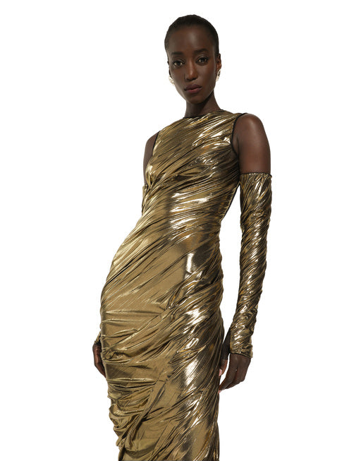 FOILED ORGANZINE CALF-LENGTH DRESS WITH GLOVES