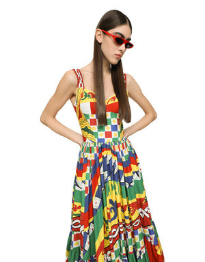 CALF-LENGTH BUSTIER DRESS IN CARRETTO-PRINT POPLIN