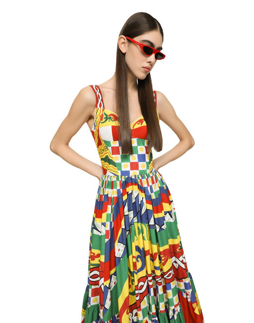 CALF-LENGTH BUSTIER DRESS IN CARRETTO-PRINT POPLIN