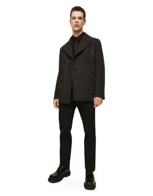 DOUBLE-BREASTED WOOL PEA COAT WITH BRANDED TAG