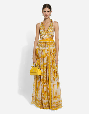 SLEEVELESS LONG DRESS IN MAIOLICA PRINT CHIFFON