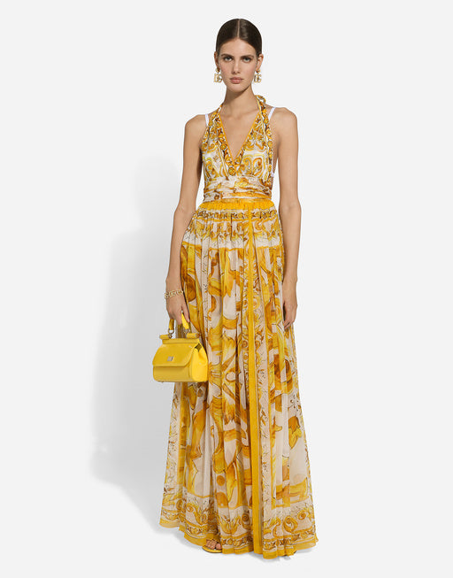 SLEEVELESS LONG DRESS IN MAIOLICA PRINT CHIFFON