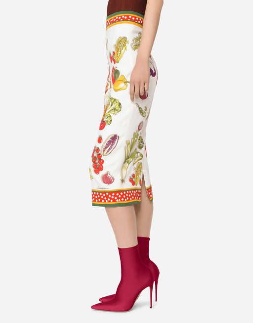 VEGETABLE-PRINT CHARMEUSE CALF-LENGTH SKIRT