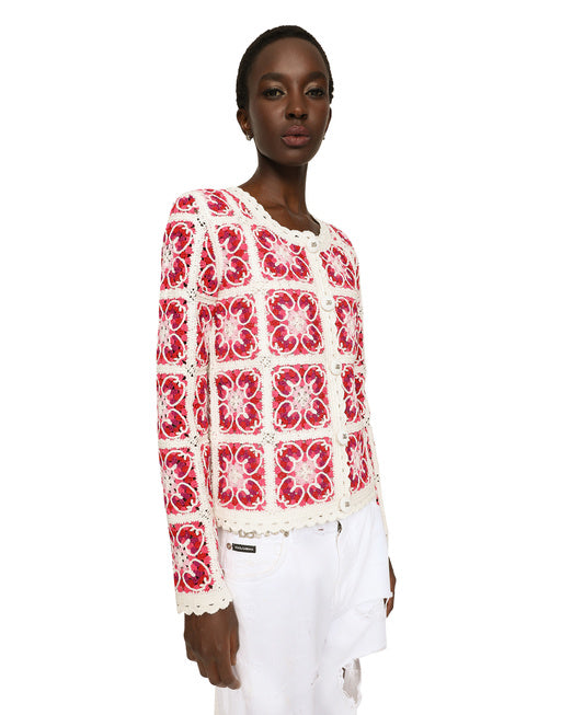 BRICK-STITCHED CROCHET CARDIGAN WITH MAJOLICA PRINT