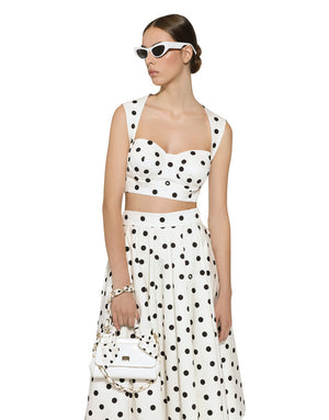 COTTON DRILL CALF-LENGTH CIRCLE SKIRT WITH POLKA-DOT PRINT