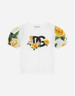 POPLIN AND JERSEY T-SHIRT WITH YELLOW ROSE PRINT AND DG LOGO