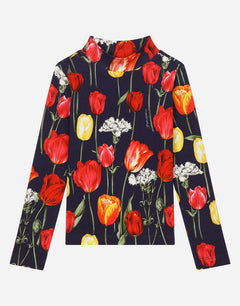 INTERLOCK MOCK TURTLE-NECK WITH TULIP PRINT