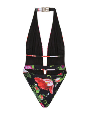 BELTED FLORAL-PRINT SWIMSUIT WITH PLUNGING NECKLINE