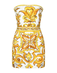 SHORT DRESS WITH CORSET BODICE IN MAJOLICA-PRINT BROCADE