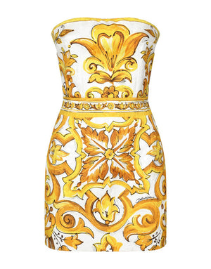 SHORT DRESS WITH CORSET BODICE IN MAJOLICA-PRINT BROCADE