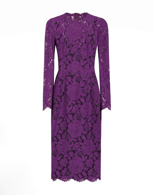 LONG-SLEEVED CALF-LENGTH DRESS IN BRANDED STRETCH LACE