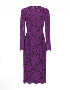 LONG-SLEEVED CALF-LENGTH DRESS IN BRANDED STRETCH LACE