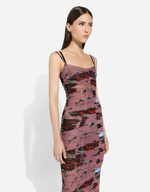TULLE SLIP DRESS WITH DRAPING AND VINTAGE ROSE PRINT