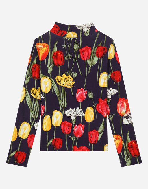 INTERLOCK MOCK TURTLE-NECK WITH TULIP PRINT