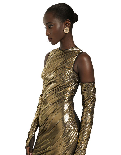 FOILED ORGANZINE CALF-LENGTH DRESS WITH GLOVES