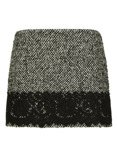 SHORT MICRO-TWEED SKIRT WITH LACE INSERT